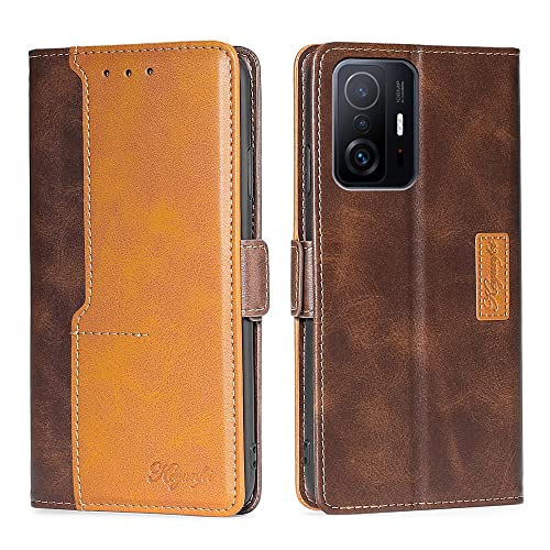 Yiunssy Leder Handyhülle für Xiaomi Mi 11T/Mi 11T Pro Hülle, Premium PU Leder Magnetische Automatische Adsorption Brieftasche Flip Schutzhülle für Xiaomi Mi 11T/Mi 11T Pro Ledertasche, Braun von Yiunssy
