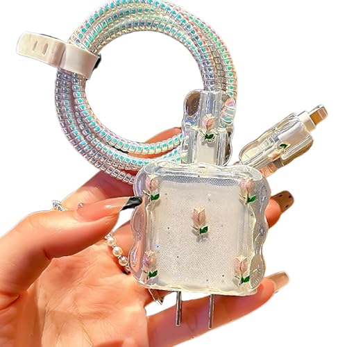Yivenbarity Ladekabel-Schutzhülle für iPhone, 18 W/20 W, niedliches Blumenmuster, transparent, elegant, schönes Tulpen-Design, weicher Kabelschutz, Datenkabelschoner für Damen, für iPad-Ladeadapter Yivenbarity Ladekabel-Schutzhülle für iPhone, 18 W/20 W, niedliches Blumenmuster, transparent, elegant, schönes Tulpen-Design, weicher Kabelschutz, Datenkabelschoner für Damen, für iPad-Ladeadapter von Yivenbarity