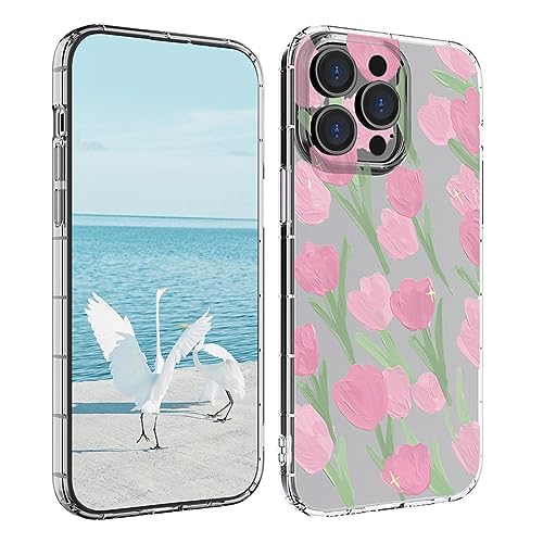 Ykerey Handyhülle für iPhone 14 Pro Max Hülle Transparent Blumen Muster Silikon Weich Ultra Dünn Schutzhülle Schlanke Frauen Mädchen Durchsichtig TPU Stoßstange Case, Rosa Tulpen von Ykerey