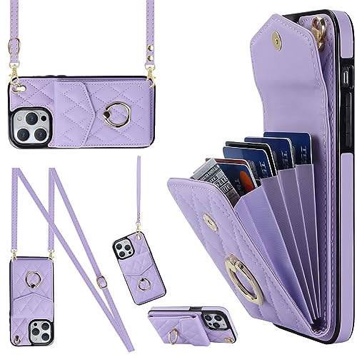 Ykerey Hülle für iPhone 12 Pro Max hülle mit Band Kette Schutzhülle mit Kartenfach PU Leder Metall Ring Halter RFID Standfunktion Brieftasche Cover für iPhone 12 Pro Max, Helles Violett von Ykerey