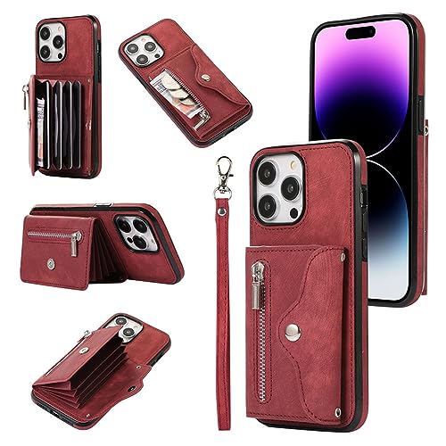 Ykerey Hülle für iPhone 13 Mini Handyhülle mit Handykette Band Schutzhülle mit Kartenfach PU Leder Standfunktion RFID Standfunktion Handy Brieftasche Cover für iPhone 13 Mini, Rot von Ykerey