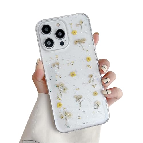 Ykerey Hülle für iPhone 15 Hülle Glitzer Transparent Silikon HandyHülle Gelbe Echte Getrocknete Schutzhülle Clear Weiche TPU Flexibel Stoßfest Case für iPhone 15 von Ykerey