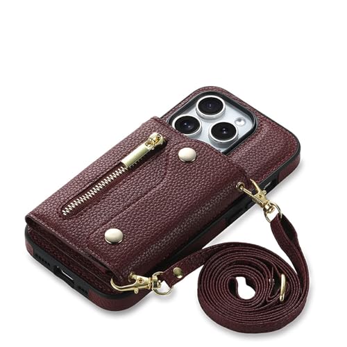 Ykerey Hülle für iPhone 15 Pro Handy hülle mit Band Leder mit Kartenfach Handykette Schutzhülle Standfunktion Handytasche Brieftasche FRID Cover für iPhone 15 Pro, Burgundy von Ykerey