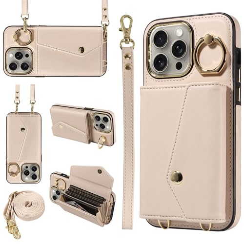 Ykerey Leder Hülle für iPhone 13 Pro Max mit 2 Band Handyhülle mit Kartenfach Brieftasche Standfunktion Ring Schutzhülle mit Abnehmbar Handykette für iPhone 13 Pro Max, Beige von Ykerey