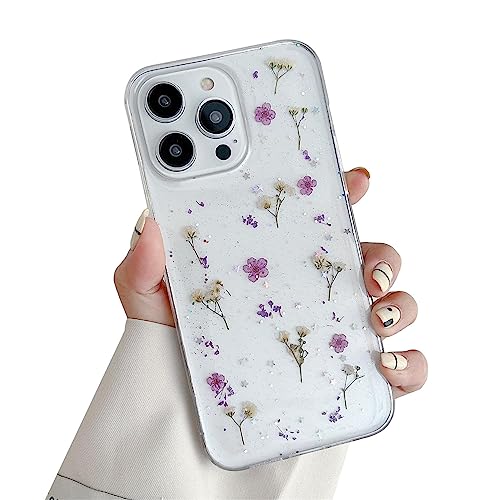 Ykerey iPhone 12/12 Pro Hülle Transparent Blumen Weiche Echte Getrocknete Blume HandyHülle Clear Glitzer Schutzhülle TPU Silikon Flexibel Kratzfest Stoßfest Schutzhülle für iPhone 12/12 Pro von Ykerey