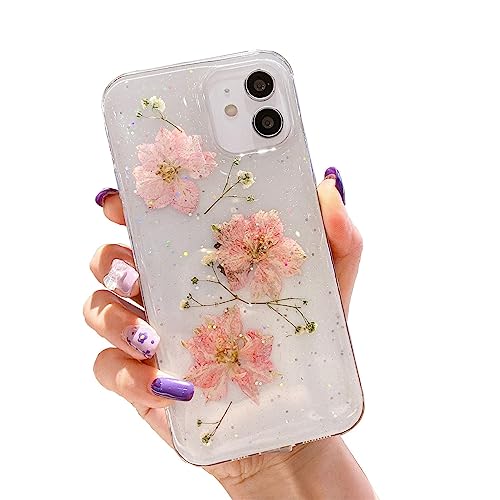 Ykerey iPhone 12/12 Pro Hülle Transparent Blumen Weiche Echte Getrocknete Blume HandyHülle Clear Glitzer Schutzhülle TPU Silikon Flexibel Kratzfest Stoßfest Schutzhülle für iPhone 12/12 Pro von Ykerey