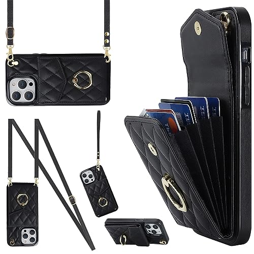 Ykerey Hülle für iPhone 12 Pro Max hülle mit Band Kette Schutzhülle mit Kartenfach PU Leder Metall Ring Halter RFID Standfunktion Brieftasche Cover für iPhone 12 Pro Max, Schwarz von Ykerey