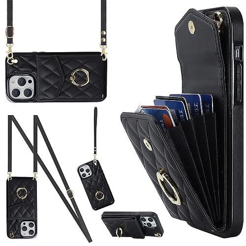 Ykerey iPhone 12 Pro Max Hülle Handyhülle mit Band Handykette Schutzhülle mit Kartenfach PU Leder Metall Ring Halter RFID Standfunktion Handy Brieftasche Cover für iPhone 12 Pro Max, Schwarz von Ykerey