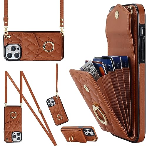 Ykerey iPhone 13 Pro Hülle Handyhülle mit Band Handykette Schutzhülle mit Kartenfach PU Leder Metall Ring Halter RFID Standfunktion Handy Brieftasche Cover für iPhone 13 Pro,Braun von Ykerey