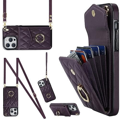 Ykerey Hülle für iPhone 14 Pro hülle mit Band Kette Schutzhülle mit Kartenfach PU Leder Metall Ring Halter RFID Standfunktion Brieftasche Cover für iPhone 14 Pro, Dunkelviolett von Ykerey