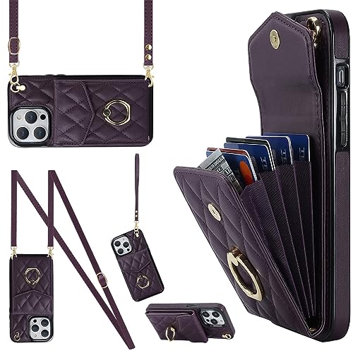 Ykerey iPhone 14 Pro Hülle Handyhülle mit Band Handykette Schutzhülle mit Kartenfach PU Leder Metall Ring Halter RFID Standfunktion Handy Brieftasche Cover für iPhone 14 Pro, Dunkelviolett von Ykerey