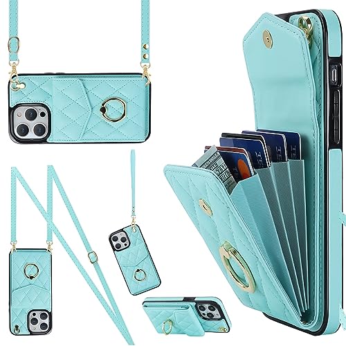 Ykerey iPhone 14 Pro Hülle Handyhülle mit Band Handykette Schutzhülle mit Kartenfach PU Leder Metall Ring Halter RFID Standfunktion Handy Brieftasche Cover für iPhone 14 Pro, Grün von Ykerey