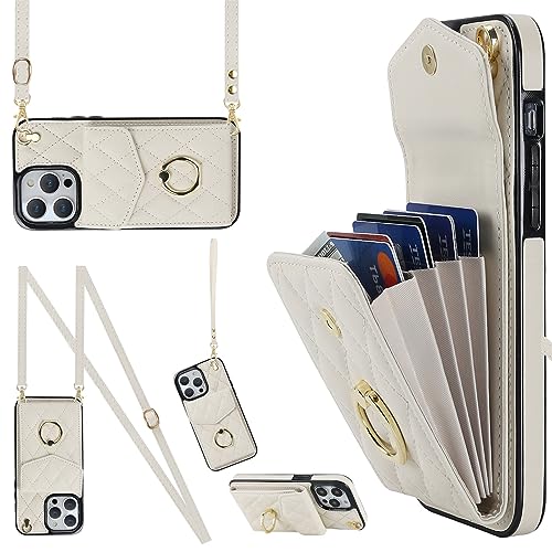Ykerey Hülle für iPhone 14 Pro Max hülle mit Band Kette Schutzhülle mit Kartenfach PU Leder Metall Ring Halter RFID Standfunktion Brieftasche Cover für iPhone 14 Pro Max, Beige von Ykerey