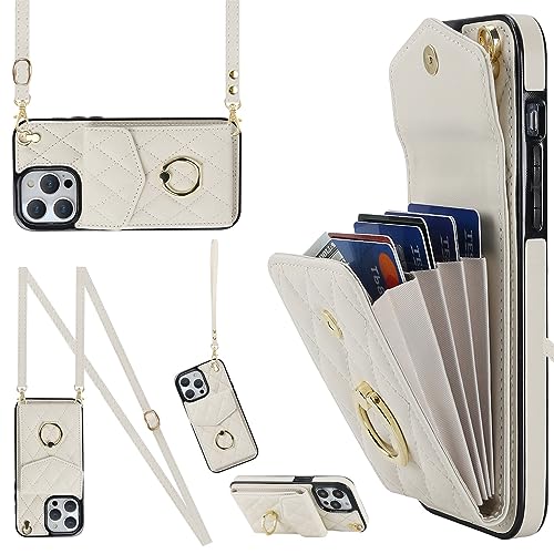 Ykerey iPhone 15 Hülle Handyhülle mit Band Handykette Schutzhülle mit Kartenfach PU Leder Metall Ring Halter RFID Standfunktion Handy Brieftasche Cover für iPhone 15, Beige von Ykerey