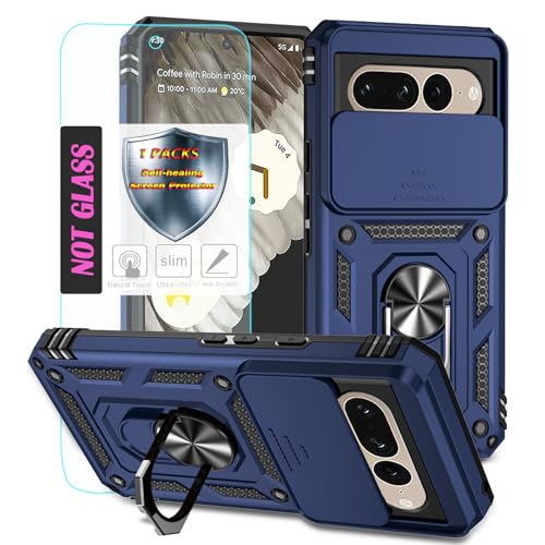 YmhxcY Handyhülle Für Google Pixel 7 Pro Hülle,[mit 1 Stück Schutzfolie],360°Drehen Metallständer，Stoßfester Schutz Hartschale，Mit Kameraschutz，Google Pixel 7 Pro case-Blau von YmhxcY