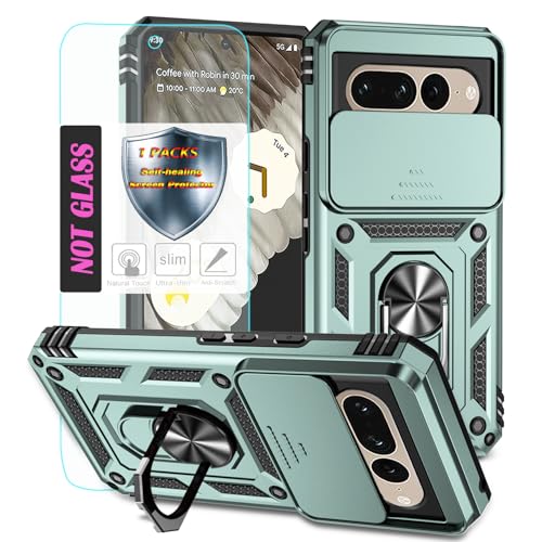 YmhxcY Handyhülle Für Google Pixel 7 Pro Hülle,[mit 1 Stück Schutzfolie],360°Drehen Metallständer，Stoßfester Schutz Hartschale，Mit Kameraschutz，Google Pixel 7 Pro case-Dunkelgrün von YmhxcY