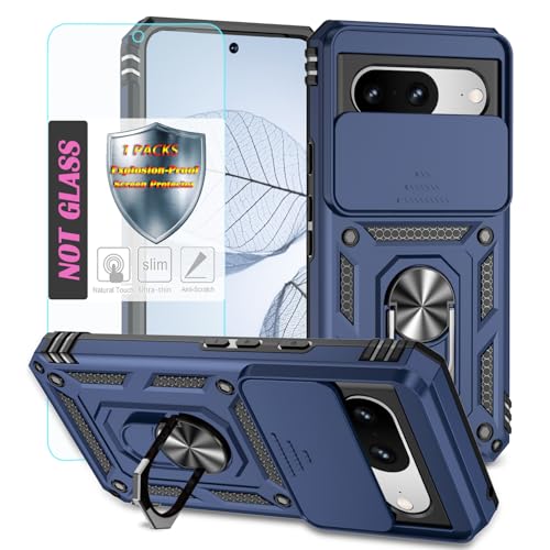 YmhxcY Handyhülle Für Google Pixel 8 Hülle,[mit 1 Stück Schutzfolie],360°Drehen Metallständer，Stoßfester Schutz Hartschale，Mit Kameraschutz，Google Pixel 8 case-Blau von YmhxcY