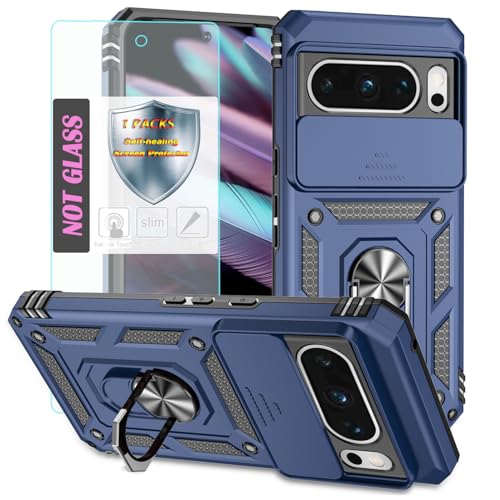 YmhxcY Handyhülle Für Google Pixel 8 Pro Hülle,[mit 1 Stück Schutzfolie],360°Drehen Metallständer，Stoßfester Schutz Hartschale，Mit Kameraschutz，Google Pixel 8 Pro case-Blau von YmhxcY