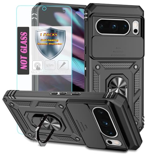 YmhxcY Handyhülle Für Google Pixel 8 Pro Hülle,[mit 1 Stück Schutzfolie],360°Drehen Metallständer，Stoßfester Schutz Hartschale，Mit Kameraschutz，Google Pixel 8 Pro case-Schwarz von YmhxcY