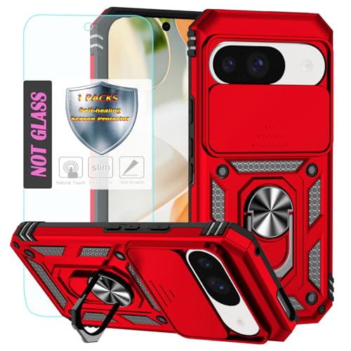 YmhxcY Handyhülle Für Google Pixel 9/9 Pro Hülle,[mit 1 Stück Schutzfolie],360°Drehen Metallständer，Stoßfester Schutz Hartschale，Mit Kameraschutz，Für Google Pixel 9/9 Pro case-Rot von YmhxcY