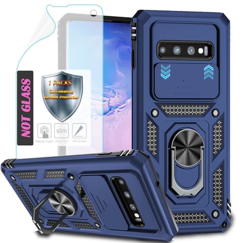 YmhxcY Handyhülle Für Samsung Galaxy S10 Plus Hülle,[mit 1 Stück Schutzfolie],360°Drehen Metallständer，Stoßfester Schutz Hartschale，Mit Kameraschutz，Samsung Galaxy S10 Plus-Blau von YmhxcY