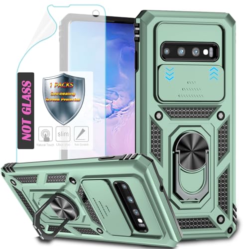 YmhxcY Handyhülle Für Samsung Galaxy S10 Plus Hülle,[mit 1 Stück Schutzfolie],360°Drehen Metallständer，Stoßfester Schutz Hartschale，Mit Kameraschutz，Samsung Galaxy S10 Plus-Dunkelgrün von YmhxcY