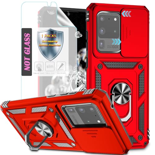 YmhxcY Handyhülle Für Samsung Galaxy S20 Ultra Hülle,[mit 1 Stück Schutzfolie],360°Drehen Metallständer，Stoßfester Schutz Hartschale，Schiebende Kameraabdeckung，Samsung Galaxy S20 Ultra case-Rot von YmhxcY
