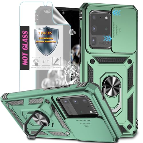 YmhxcY Handyhülle Für Samsung Galaxy S20 Ultra Hülle,[mit 1 Stück Schutzfolie],360°Drehen Metallständer，Stoßfester Schutz Hartschale，Schiebende Kameraabdeckung，Samsung S20 Ultra case-Dunkelgrün von YmhxcY