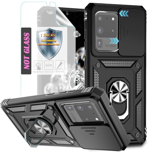 YmhxcY Handyhülle Für Samsung Galaxy S20 Ultra Hülle,[mit 1 Stück Schutzfolie],360°Drehen Metallständer，Stoßfester Schutz Hartschale，Schiebende Kameraabdeckung，Samsung S20 Ultra case-Schwarz von YmhxcY