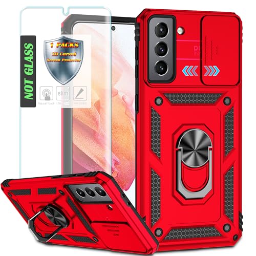 YmhxcY Handyhülle Für Samsung Galaxy S21 Hülle,[mit 1 Stück Schutzfolie],360°Drehen Metallständer，Stoßfester Schutz Hartschale，Schiebende Kameraabdeckung，Samsung Galaxy S21 case-Rot von YmhxcY
