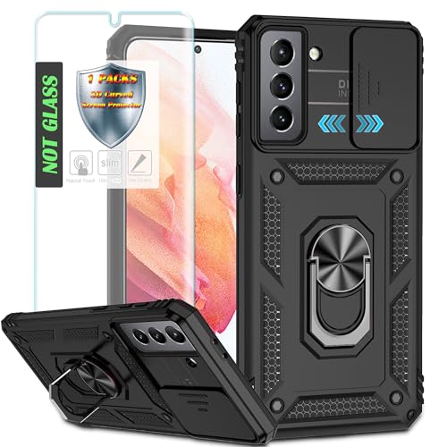 YmhxcY Handyhülle Für Samsung Galaxy S21 Hülle,[mit 1 Stück Schutzfolie],360°Drehen Metallständer，Stoßfester Schutz Hartschale，Schiebende Kameraabdeckung，Samsung Galaxy S21 case-Schwarz von YmhxcY
