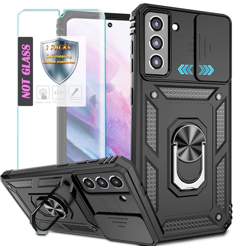 YmhxcY Handyhülle Für Samsung Galaxy S21 Plus Hülle,[mit 1 Stück Schutzfolie],360°Drehen Metallständer，Stoßfester Schutz Hartschale，Mit Kameraschutz，Samsung Galaxy S21 Plus-Schwarz von YmhxcY
