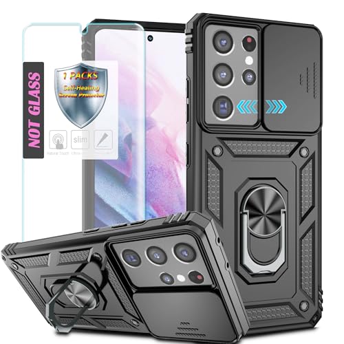 YmhxcY Handyhülle Für Samsung Galaxy S21 Ultra Hülle,[mit 1 Stück Schutzfolie],360°Drehen Metallständer，Stoßfester Schutz Hartschale，Schiebende Kameraabdeckung，Samsung Galaxy S21 Ultra case-Schwarz von YmhxcY