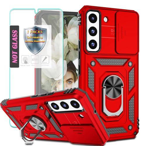 YmhxcY Handyhülle Für Samsung Galaxy S22 Hülle,[mit 1 Stück Schutzfolie],360°Drehen Metallständer，Stoßfester Schutz Hartschale，Schiebende Kameraabdeckung，Samsung Galaxy S22 case-Rot von YmhxcY
