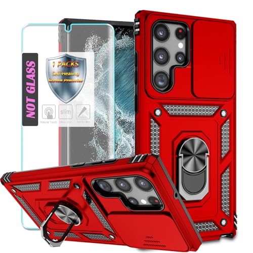 YmhxcY Handyhülle Für Samsung Galaxy S22 Ultra Hülle,[mit 1 Stück Schutzfolie],360°Drehen Metallständer，Stoßfester Schutz Hartschale，Schiebende Kameraabdeckung，Samsung Galaxy S22 Ultra case-Rot von YmhxcY