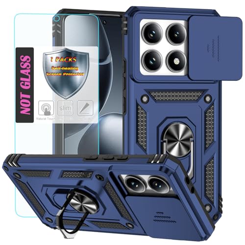 YmhxcY Handyhülle Für Xiaomi 14T Pro,[mit 1 Stück Schutzfolie],360°Drehen Metallständer，Stoßfester Schutz Hartschale，Mit Kameraschutz，Xiaomi 14T Pro case-Blau von YmhxcY