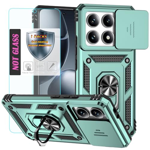 YmhxcY Handyhülle Für Xiaomi 14T Pro,[mit 1 Stück Schutzfolie],360°Drehen Metallständer，Stoßfester Schutz Hartschale，Mit Kameraschutz，Xiaomi 14T Pro case-Dunkelgrün von YmhxcY