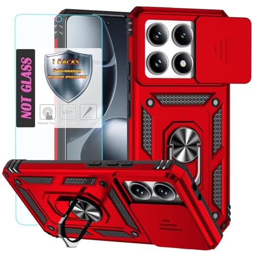 YmhxcY Handyhülle Für Xiaomi 14T Pro,[mit 1 Stück Schutzfolie],360°Drehen Metallständer，Stoßfester Schutz Hartschale，Mit Kameraschutz，Xiaomi 14T Pro case-Rot von YmhxcY