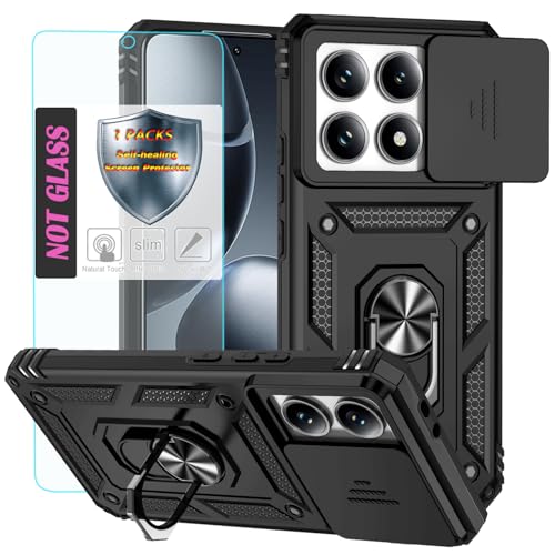YmhxcY Handyhülle Für Xiaomi 14T Pro,[mit 1 Stück Schutzfolie],360°Drehen Metallständer，Stoßfester Schutz Hartschale，Mit Kameraschutz，Xiaomi 14T Pro case-Schwarz von YmhxcY