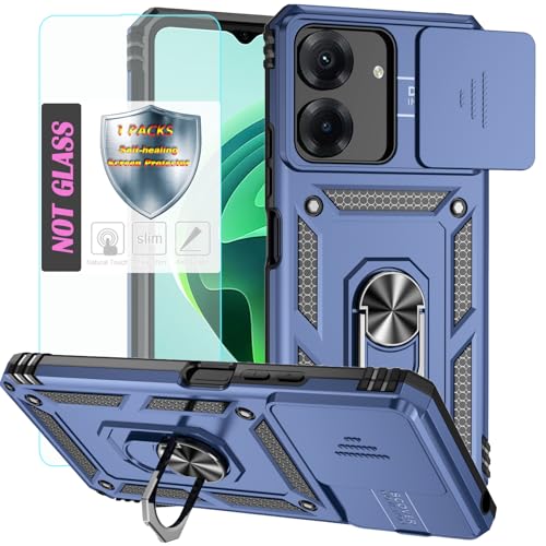 YmhxcY Handyhülle Für Xiaomi Redmi 13C Hülle,[mit 1 Stück Schutzfolie],360°Drehen Metallständer，Stoßfester Schutz Hartschale，Mit Kameraschutz，Xiaomi Redmi 13C case-Blau von YmhxcY