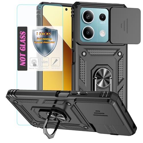 YmhxcY Handyhülle Für Xiaomi Redmi Note 13 Hülle,[mit 1 Stück Schutzfolie],360°Drehen Metallständer，Stoßfester Schutz Hartschale，Mit Kameraschutz，Xiaomi Redmi Note 13 case-Schwarz von YmhxcY