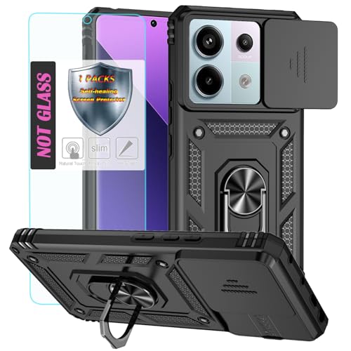 YmhxcY Handyhülle Für Xiaomi Redmi Note 13 Pro 5G Hülle,[mit 1 Stück Schutzfolie],360°Drehen Metallständer，Stoßfester Schutz Hartschale，Mit Kameraschutz，Xiaomi Redmi Note 13 Pro 5G case-Black von YmhxcY