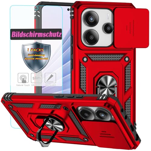 YmhxcY Handyhülle Für Xiaomi Redmi Note 14 5G,[mit 1 Stück Schutzfolie],360°Drehen Metallständer，Stoßfester Schutz Hartschale，Mit Kameraschutz，Xiaomi Redmi Note 14 5G case-Rot von YmhxcY