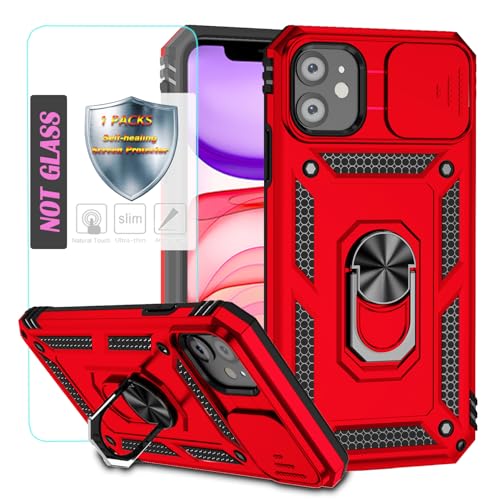 YmhxcY Handyhülle Für iPhone 11 Hülle,[mit 1 Stück Schutzfolie],360°Drehen Metallständer，Stoßfester Schutz Hartschale，Mit Kameraschutz，for iPhone 11 case-Rot von YmhxcY
