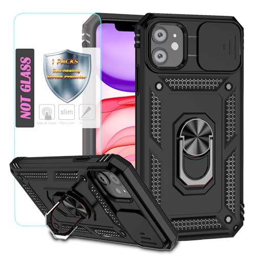 YmhxcY Handyhülle Für iPhone 11 Hülle,[mit 1 Stück Schutzfolie],360°Drehen Metallständer，Stoßfester Schutz Hartschale，Mit Kameraschutz，for iPhone 11 case-Schwarz von YmhxcY