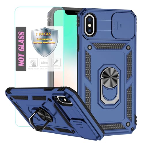 YmhxcY Handyhülle Für iPhone XS Max Hülle,[mit 1 Stück Schutzfolie],360°Drehen Metallständer，Stoßfester Schutz Hartschale，Mit Kameraschutz，for iPhone XS Max case-Blau von YmhxcY