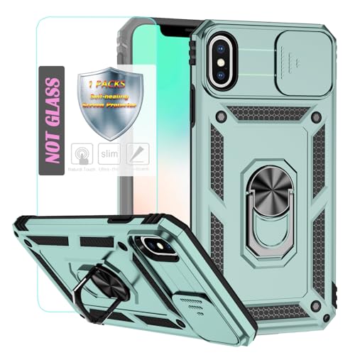 YmhxcY Handyhülle Für iPhone XS Max Hülle,[mit 1 Stück Schutzfolie],360°Drehen Metallständer，Stoßfester Schutz Hartschale，Mit Kameraschutz，for iPhone XS Max case-Dunkelgrün von YmhxcY