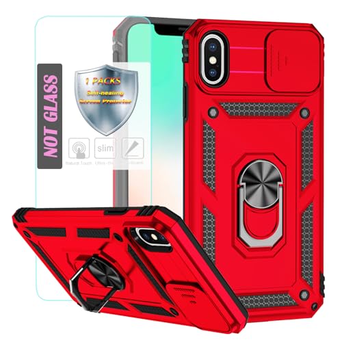 YmhxcY Handyhülle Für iPhone XS Max Hülle,[mit 1 Stück Schutzfolie],360°Drehen Metallständer，Stoßfester Schutz Hartschale，Mit Kameraschutz，for iPhone XS Max case-Rot von YmhxcY