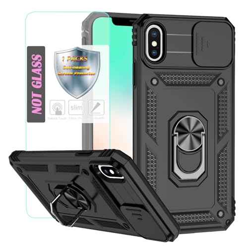 YmhxcY Handyhülle Für iPhone XS Max Hülle,[mit 1 Stück Schutzfolie],360°Drehen Metallständer，Stoßfester Schutz Hartschale，Mit Kameraschutz，for iPhone XS Max case-Schwarz von YmhxcY