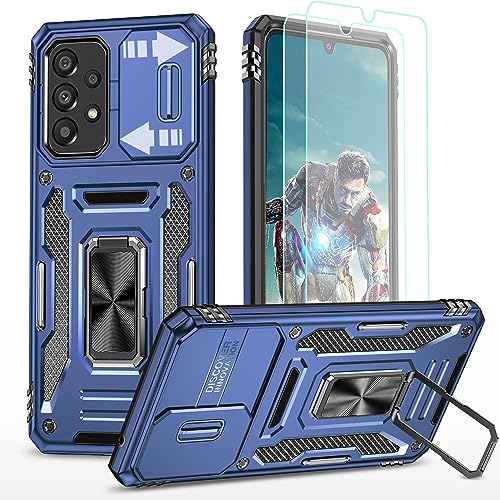 YmhxcY Hülle Für Samsung Galaxy A33 Hülle,*2 Displayschutzfolie,Slide Camera Cover, Militär Grade Schutzhülle, 360°Drehen Metallständer,Für Samsung Galaxy A33 5G Hülle-Blau von YmhxcY